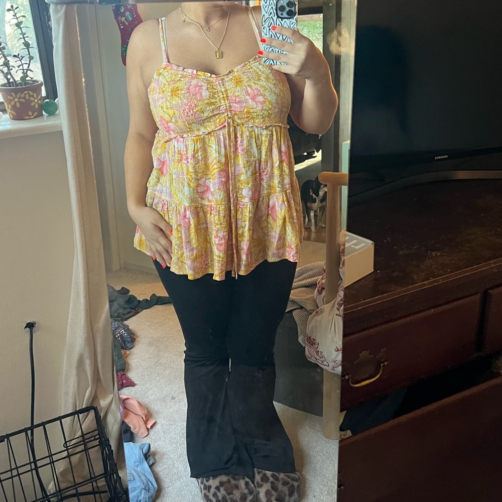 American Eagle Yellow & Pink Floral Top with Ruched Front